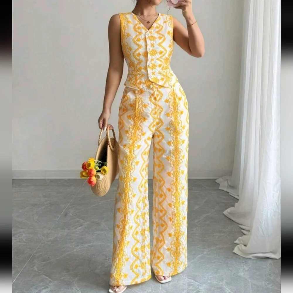 2pcs/Set Vacation Casual Embroidery V-Neck Vest And High Waist Wide Leg Pants - Picture 1 of 5